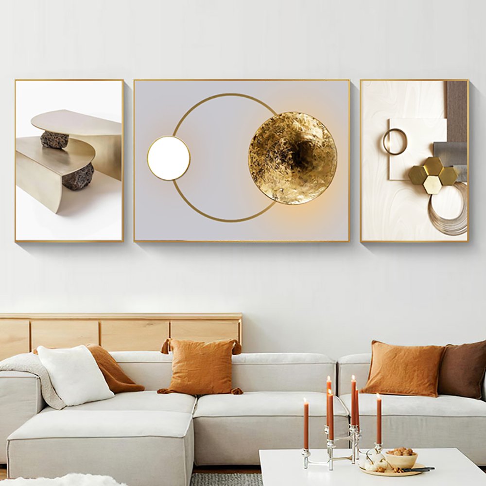 3 Pieces Modern Geometric Abstract Wall Decor Set Canvas Print with Frame Living Room - Image 3
