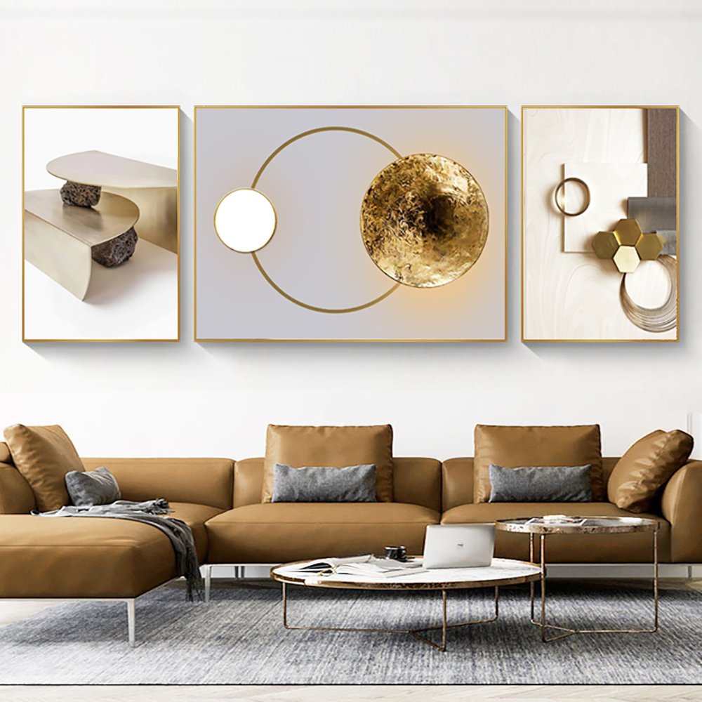 3 Pieces Modern Geometric Abstract Wall Decor Set Canvas Print with Frame Living Room - Image 2